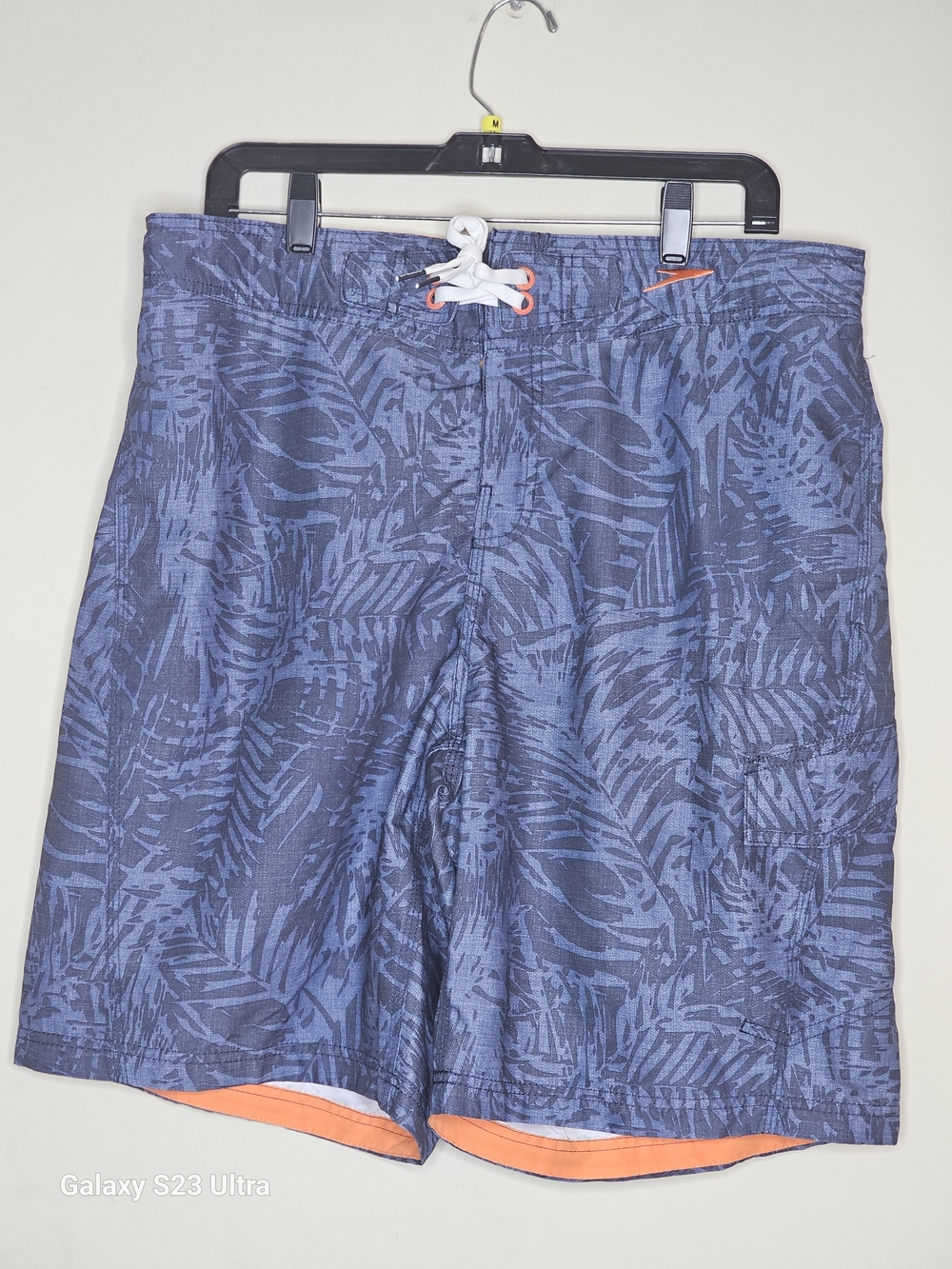 Speedo Men's Navy Leaf-Print Swim Shorts with Orange Accents